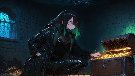 furrygirl,shiny,masterpiece, best quality, ultra highres, anime girl rogue, slender build, short black hair with green highlights, leather stealth outfit with hidden pockets, lockpicking ancient treasure chest, hidden dungeon chamber, cobwebs in corners, f...