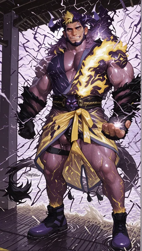 male devil playing in a water park,switch to a larger image, Background of the depiction.、his genitals are not depicted、is wrapped in yellow thunder,more than the character Realistic,horns growing from purple lightning,The upper half of his devilish face i...