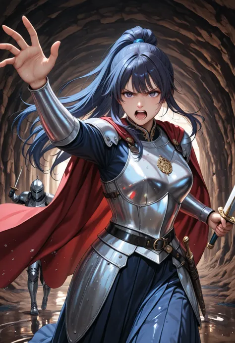 1girl, 

((long navy hair pulled up into a high ponytail, hair flowing freely down the back with a slight outward curve, bangs swept to the sides, a few dynamic strands framing the face, lightly wind-blown and shiny texture)),  
((medium breast), (glamorou...