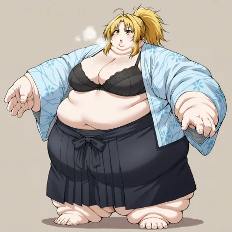 nobuna oda, blonde hair, medium breasts, yellow eyes, hair intakes, ahoge, parted bangs,
cleavage, underwear, japanese clothes, open clothes, kimono, bra, lingerie, black bra, open kimono, hakama, black hakama, ponytail, breasts, fat, chubby, obese, fat ne...