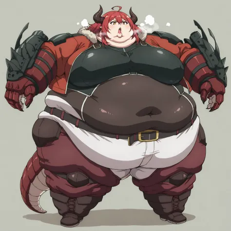Curran
ahoge, covered navel, jacket, open jacket, red jacket, armor, belt, pants, boots, gloves, tail, breasts, fat, chubby, obese, fat neck, multiple chins, big breasts open mouth, out of breath, Larger female, full body shot, only head, large head, overs...