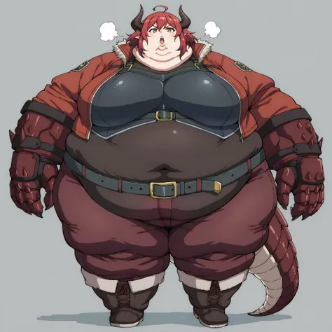 Curran
ahoge, covered navel, jacket, open jacket, red jacket, armor, belt, pants, boots, gloves, tail, breasts, fat, chubby, obese, fat neck, multiple chins, big breasts open mouth, out of breath, Larger female, full body shot, only head, large head, overs...