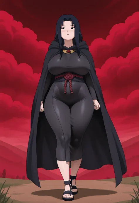 adventure time,uchiha_mikoto, mature female, black eyes, black hair, parted bangs, sidelocks, long hair, thick thighs, wide hips, big breasts. Akatsuki cloak, long cloak, black cloak, decorated with red clouds with white edges, ((tight clothing:1.1)),shino...