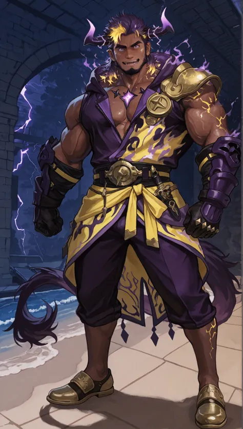 male devil playing in a water park,switch to a larger image, Background of the depiction.、his genitals are not depicted、burning in a yellow flame,more than the character Realistic,horns growing from purple lightning,The upper half of his devilish face is c...