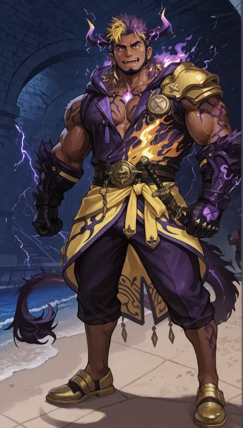 male devil playing in a water park,switch to a larger image, Background of the depiction.、his genitals are not depicted、burning in a yellow flame,more than the character Realistic,horns growing from purple lightning,The upper half of his devilish face is c...