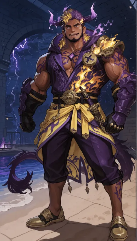 male devil playing in a water park,switch to a larger image, Background of the depiction.、his genitals are not depicted、burning in a yellow flame,more than the character Realistic,horns growing from purple lightning,The upper half of his devilish face is c...