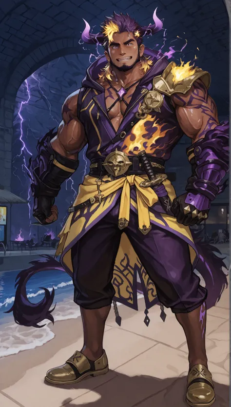 male devil playing in a water park,switch to a larger image, Background of the depiction.、his genitals are not depicted、burning in a yellow flame,more than the character Realistic,horns growing from purple lightning,The upper half of his devilish face is c...