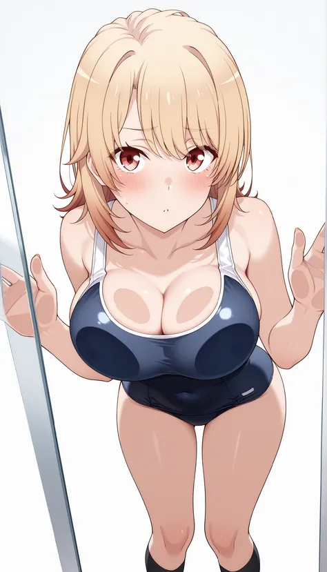 （1Girl),（soro),masterpiece, and above in Tokyo, Newest,, blush,shyly、White　Background<Isshiki Iroha [4 outfits] | Illustrious | Yahari Ore no Seishun Love Comedy wa Machigatteiru.
, school swimsuit,（BLACK　Socks), , breasts_on_glass,breast_press,
貧乳
example...