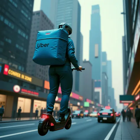 Flying, A realistic scene of a science fiction female delivery rider for Uber, Future city over the sky street evening lights, Insulated delivery bag, Antigravity scooter, Natural candid expression, Soft urban glow, Light motion blur, Everyday life atmosph...