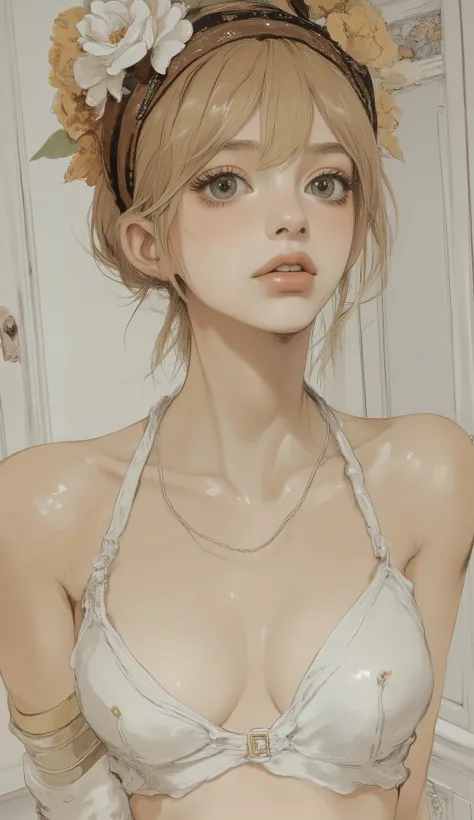 A young woman with impressive features stares directly at the viewer, with bangs and a brown headband Her blond hair styled. She wears a low-cut white halter top that broadly emphasizes her cleavage. gold armband adorns the upper arm, add classical eleganc...