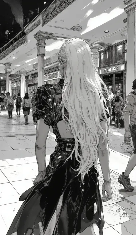 blond woman long gray hair and black dress walking in a mall, long gray hair, long white hair, very long silver hair, She has long blonde hair, her hair is white, perfect white haired girl, White Haired Woman, very long blond hair, girl with gray hair, Ver...