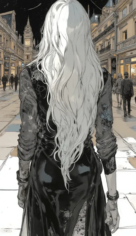 blond woman long gray hair and black dress walking in a mall, long gray hair, long white hair, very long silver hair, She has long blonde hair, her hair is white, perfect white haired girl, White Haired Woman, very long blond hair, girl with gray hair, Ver...