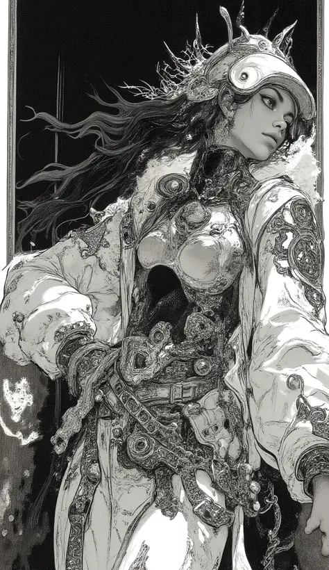 長い髪の女性, ストレートプラチナブロンドの髪と前髪にフリンジバングスをかけた公共または屋内のスペースを示唆しています。前景に目立つように立っています, が真剣な表情. 彼女は小さい, の暗いサングラスを髪に押し上げて、黒いタートルネックのミニドレス. 彼女の右手が上がっている, に塗られ、人差し指と中指で交差した彼女のポーズと表情. 白いアイライナーが彼女の目, を強調し、彼女の唇は落ち着いたピンク. オリーブグリーンまたはダークグレー, 他の人が見える, は、高い天井と明るい, 拡散照明. 全体的にクー...