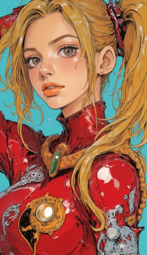 Blond haired woman with blue eyes and ponytail poses for photos, Anime Girl Cosplay, anime cosplay, Stop 4 *, Ayaka Cosplay, anime girl in real life, Stop 4, cute anime girl, Enoshima Junko, cosplay pictures, anime barbie doll, is wearing a red latex sui...