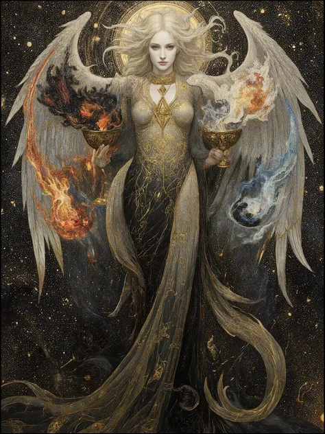 Done with art nouveau art mosaic style. An alluring, luminescent goddess with a slender yet shapely physique, adorned in a diaphanous, intricately embroidered black toga with sacred equations and esoteric symbols woven in shimmering gold and silver thread...