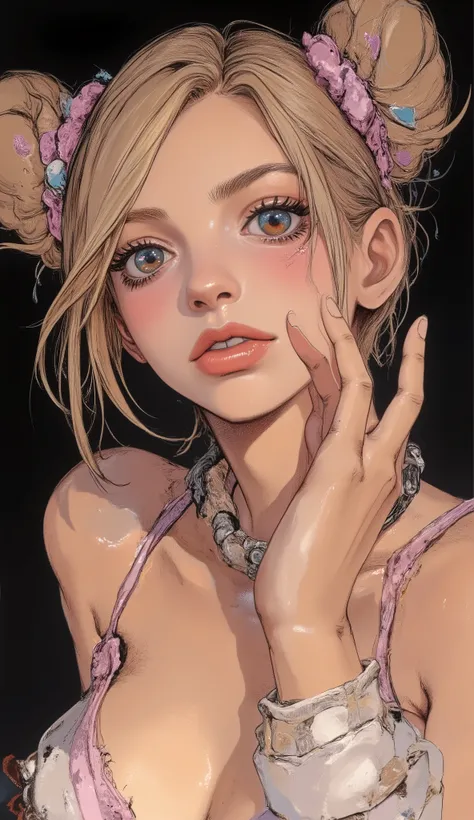 This charming portrait depicts a young woman with、and has impressive makeup, against a black background. has light blond hair flowing down her forehead、with large curls Voluminous pigtails frame the face. she has bright blue eyes、, dark eyeliner and long, ...