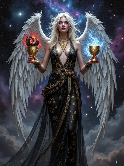 Done with art nouveau art mosaic style. An alluring, luminescent goddess with a slender yet shapely physique, adorned in a diaphanous, intricately embroidered black toga with sacred equations and esoteric symbols woven in shimmering gold and silver thread...