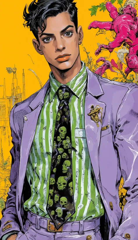 striped green shirt , skull pattern tie, light purple suit jacket, comic book style background, Dynamic Line , colorful pop art atmosphere