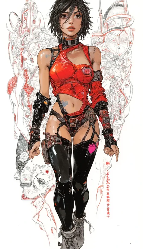 (Huge and amazing shot of the goddess, very hot and sexy, Breathtakingly Beautiful, completely blown away, beautiful body, slender beautiful body:1.1), 1 girl, tied behind cute honey , 赤い髪, short hair, big eyes, full of embarrassment , red top, Claverge Cu...