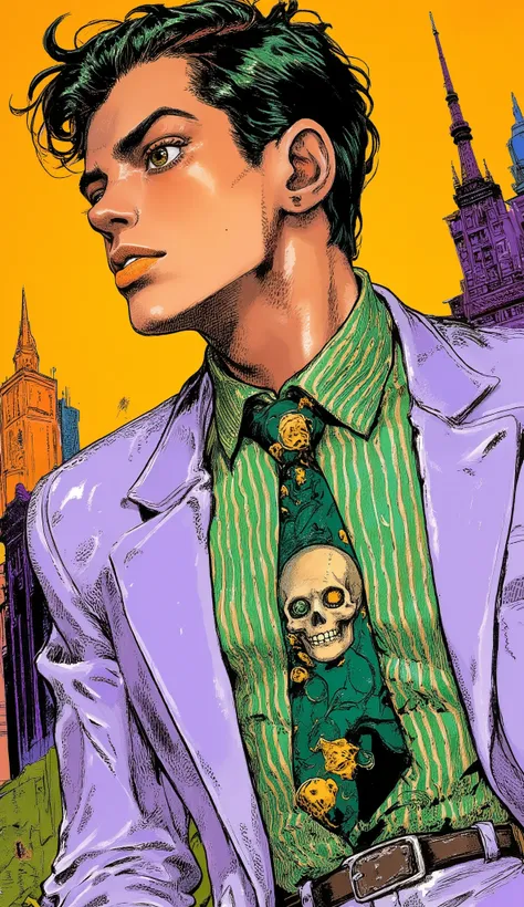 striped green shirt , skull pattern tie, light purple suit jacket, comic book style background, Dynamic Line , colorful pop art atmosphere