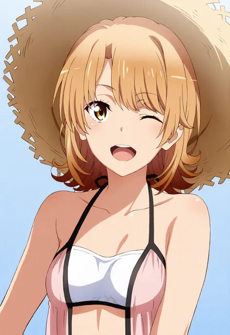 , masterpiece, top quality,
1girl, solo, open mouth, smile, WITH ONE EYE CLOSED,
Isshiki Iroha,
straw hat, halter neck, white bandeau, black trim, white bikini,
