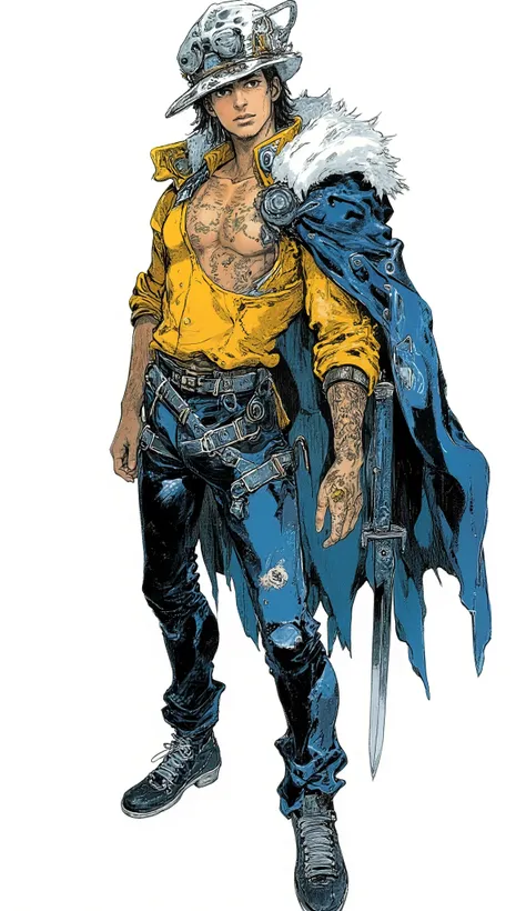 The character is depicted in a confident standing pose, wearing a yellow shirt with the top buttons off, The tattoo's chest is visible. A blue cloak with a fur collar adds dramatic style to his costume. The character wears a spotted white hat. he has a sw...