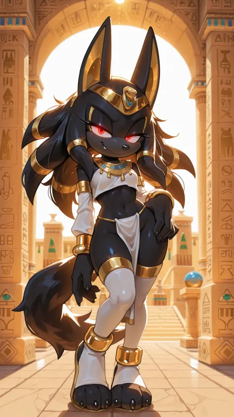 masterpiece, best quality, amazing quality, very aesthetic, high resolution, ultra-detailed, absurdres, newest, scenery, furry, anthro, sonic \(series\), 1girl, solo, furry_female, jackal, long hair, wavy hair, cocky smile, fang, red eyes, glowing eyes, na...