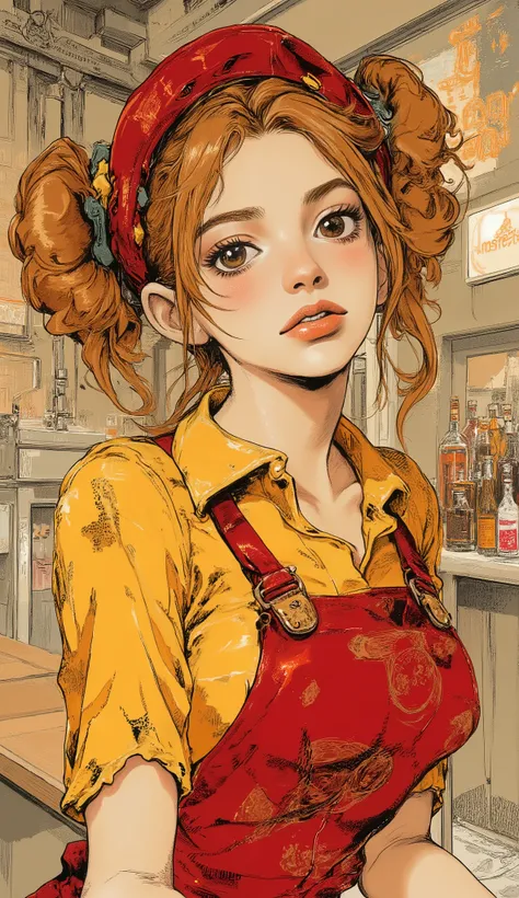 anime girl with red apron and yellow shirt posing for picture, female protagonist 👀 :8, retro anime girl, Anime Moe Art Style, an anime girl、 (anime girl), ( waitress ) girl, soda themed girl, cute anime schoolgirl, Twin Tails, Iwakura Reon, anime schoolgi...