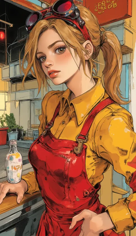 anime girl with red apron and yellow shirt posing for picture, female protagonist 👀 :8, retro anime girl, Anime Moe Art Style, an anime girl、 (anime girl), ( waitress ) girl, soda themed girl, cute anime schoolgirl, Twin Tails, Iwakura Reon, anime schoolgi...