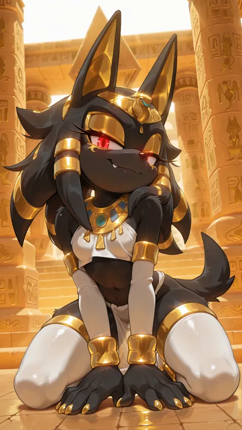 masterpiece, best quality, amazing quality, very aesthetic, high resolution, ultra-detailed, absurdres, newest, scenery, furry, anthro, {sonic \(series\)}, 1girl, solo, furry_female, jackal, long hair, wavy hair, cocky smile, fang, red eyes, glowing eyes, ...