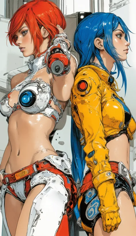 shows off. The character on the left is a short, Red hair and confident々pose for、Sci-Fi Style。、I'm wearing a two-piece short futuristic costume with white and red trim、shoot guns with matching gloves. focuses on action and style 、wears a two-piece short f...