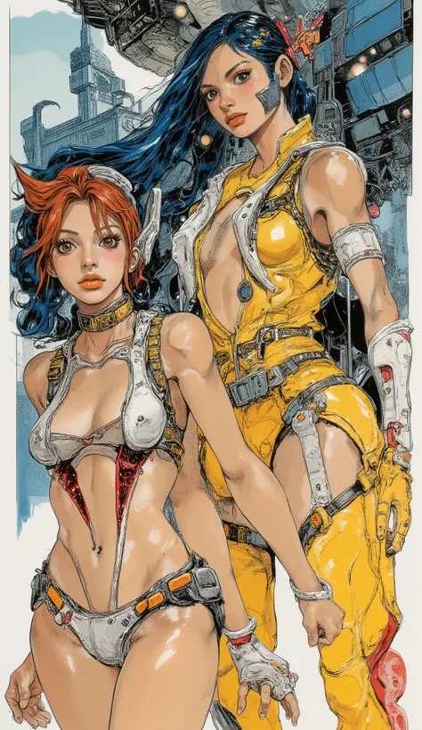 shows off. The character on the left is a short, Red hair and confident々pose for、Sci-Fi Style。、I'm wearing a two-piece short futuristic costume with white and red trim、shoot guns with matching gloves. focuses on action and style 、wears a two-piece short f...