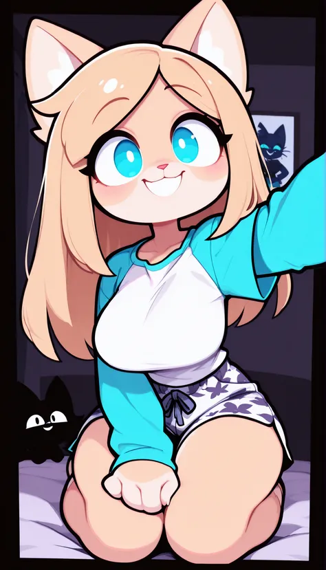 blonde hair,Straight hair,Long hair,blue eyes ,Female cat,furry cat,big breasts ,Up close ,selfie ,In the room,(Vivid colors ,4k,UHD,Good light,Good lighting,Good shadows ) ,1woman,Single woman,lonely woman ,alone woman,Hands on hips ,Blonde fur ,Happy,C...