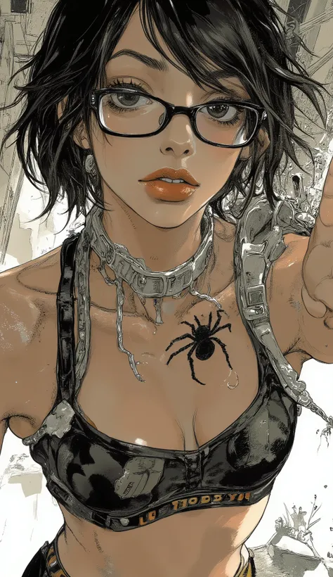 Selfie outside a bright room、wearing glasses、An up of a woman wearing a black sports bra,black spider tattoo on the waist、spider tattoo with white letters wearing black glasses Ⅷ 、big boobs、peace sign facing the camera、Yoshitomo Nara, in my room glass,sho...