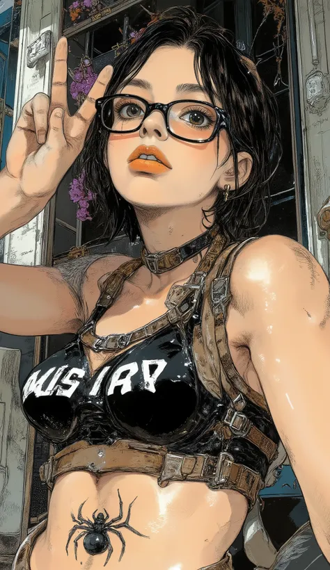Selfie outside a bright room、wearing glasses、An up of a woman wearing a black sports bra,black spider tattoo on the waist、spider tattoo with white letters wearing black glasses Ⅷ 、big boobs、peace sign facing the camera、Yoshitomo Nara, in my room glass,sho...