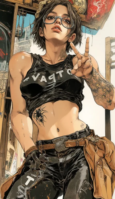 Selfie outside a bright room、wearing glasses、An up of a woman wearing a black sports bra,black spider tattoo on the waist、spider tattoo with white letters wearing black glasses Ⅷ 、big boobs、peace sign facing the camera、Yoshitomo Nara, in my room glass,sho...