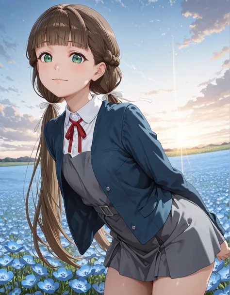 upper body, from below, 1girl, solo, looking at viewer, blurry background, light smile, cowboy shot, ((kinako sakurakouji, long hair, bangs, brown hair, twintails, green eyes, hair ribbon, braid, blunt bangs, low twintails, shirt, dress, ribbon, school uni...