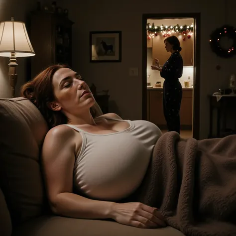 Low camera angle, sideview picture, margaret sleeping on her friends couch after a night of oartying. Margaret sleeps the couch with a wool blanket covering her. White ribbed tank top, large breasts. The living room is dark but in the background is a kitch...