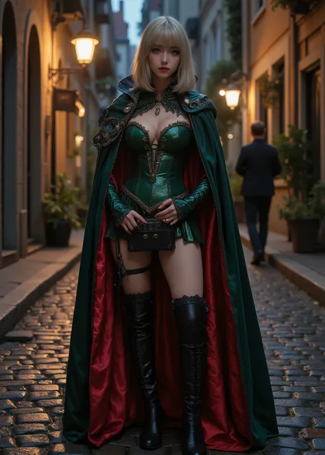 Late Night、moonlight、cute girl ,  Canines like Count Dracula、I wear a red and dark green gothic dress cloak、Narrow Alley in Europe, Wet and reflective cobblestones、small breasts、Smooth belly and belly、（full body photo、full body shot、body）、My costume is shi...