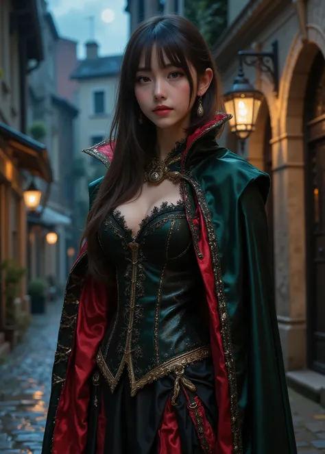 Late Night、moonlight、cute girl ,  Canines like Count Dracula、wear a red and dark green gothic dress cloak、Narrow Alley in Europe, Wet and reflective cobblestones、small breasts、Smooth belly and belly、（full body photo、full body shot、body）、My costume is shini...