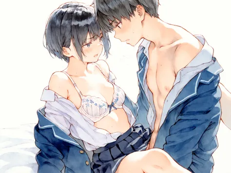 traditional media, transparent-watercolor,((dark outlines)),((masterpiece)), ((top quality)),((anatomically correct body, proportional limbs)),wide view,((Dressed boy,a boy with his fly open)),NSFW,sex,vaginal,missionary,penis in vagina,(a female wearing a...