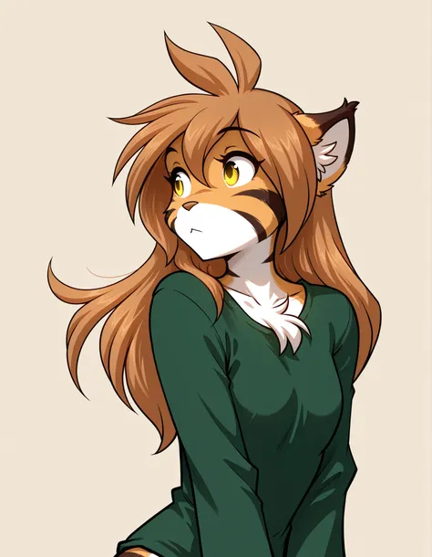 ,, furry, solo, flora-twokinds, flora_twokinds,, tiger, striped fur, keidran, yellow eyes, anthro, simple background,,, green shirt