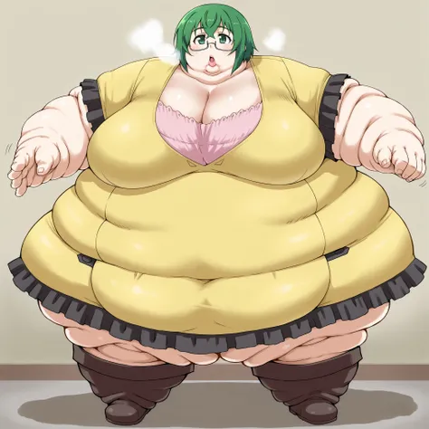ism4ya, green hair, short hair, green eyes, large breasts
glasses, under-rim eyewear, yellow dress, cleavage, pink undershirt, short sleeves, black frills, brown boots, knee boots, breasts, fat, chubby, obese, fat neck, multiple chins, big breasts open mou...