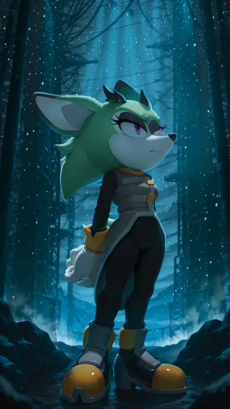 masterpiece, best quality, amazing quality, very aesthetic, high resolution, ultra-detailed, absurdres, newest, scenery, furry, anthro, sonic \(series\), 1girl, solo, furry female, Clove the Pronghorn, green fur, two-tone fur, white skin, black horns, grey...