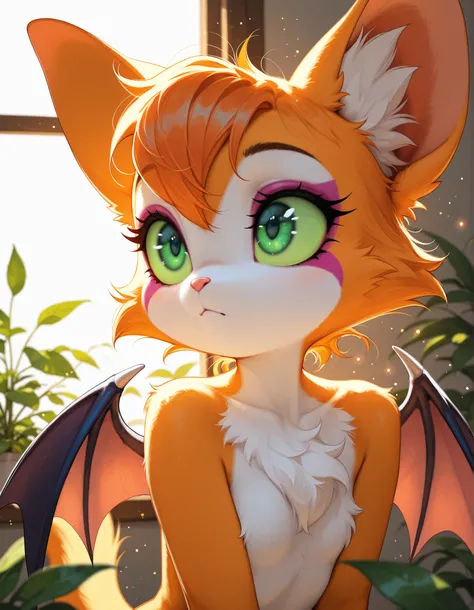 ,, masterpiece, best quality, very aesthetic, (1girl:0.7),, (solo:1.3), furry, fidget \(elysian tail\), nimbat, fidget_daet, anthro, furry female, wings, tail, green eyes, colored sclera, bat wings, facial markings, orange fur, white fur, two-tone fur,memb...