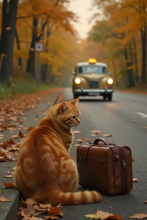Wide shot, photorealistic, a chubby orange tabby cat with a suitcase sitting next to a small travel bag on the edge of an autumn forest road. The scene is at dusk, with golden hour light. The cat is looking down the road with an expectant expression. In th...