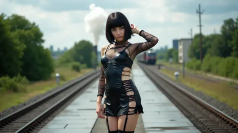 A woman with dark bobbed hair and bangs stands on a wet train platform, striking a pose with one arm raised to her head. She wears a striking black and white dress with a form-fitting black leather-like material featuring mesh inserts, fringe details, and ...