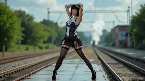 A woman with dark bobbed hair and bangs stands on a wet train platform, striking a pose with one arm raised to her head. She wears a striking black and white dress with a form-fitting black leather-like material featuring mesh inserts, fringe details, and ...