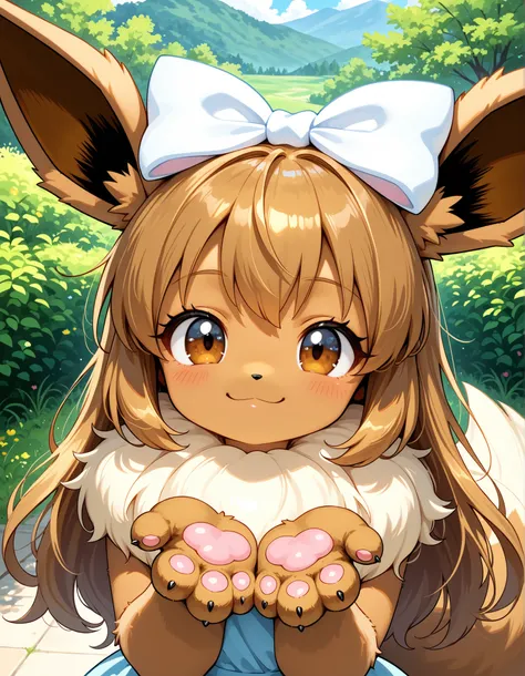 ,, pokekid, eevee, fluffy girl, furry girl, female, smile, smiling, has a big pretty bow in her hair, has animal paws for hands, 1girl, best quality, outdoors, high definition, cute