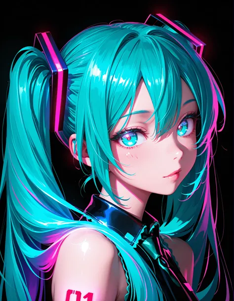 ,, Hatsune Miku, limited palette, black background, colorful, vibrant, glowing outline, neon, blacklight, looking at viewer, masterpiece, very aesthetic
